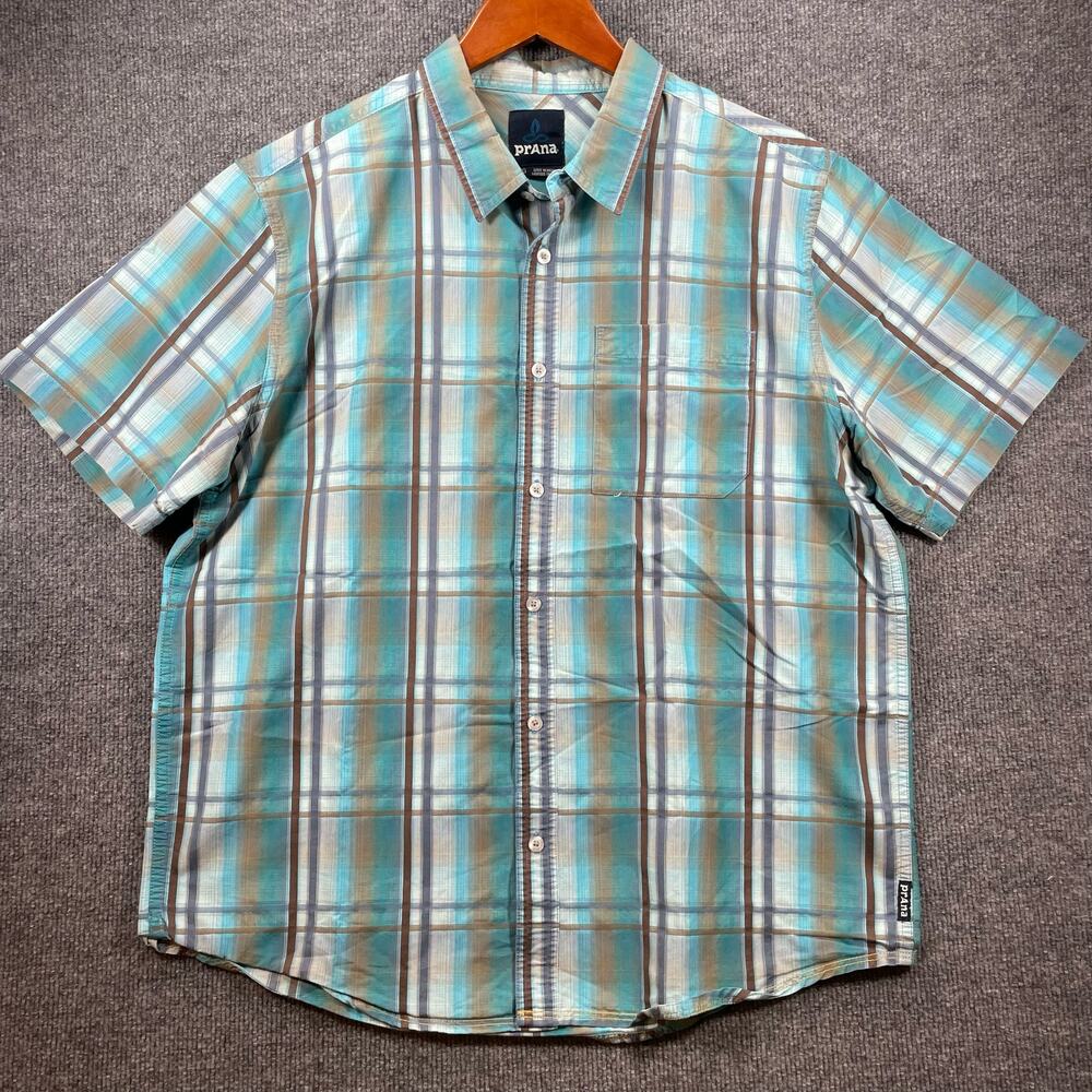 Prana Button Up Shirt Men's Large Blue Plaid Short Sleeve Casual Streetwear